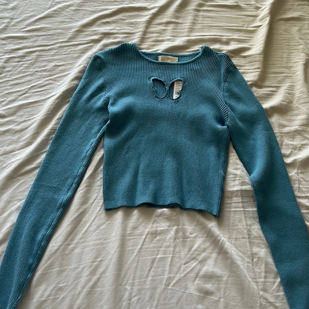 Blue long sleeve butterfly sweater